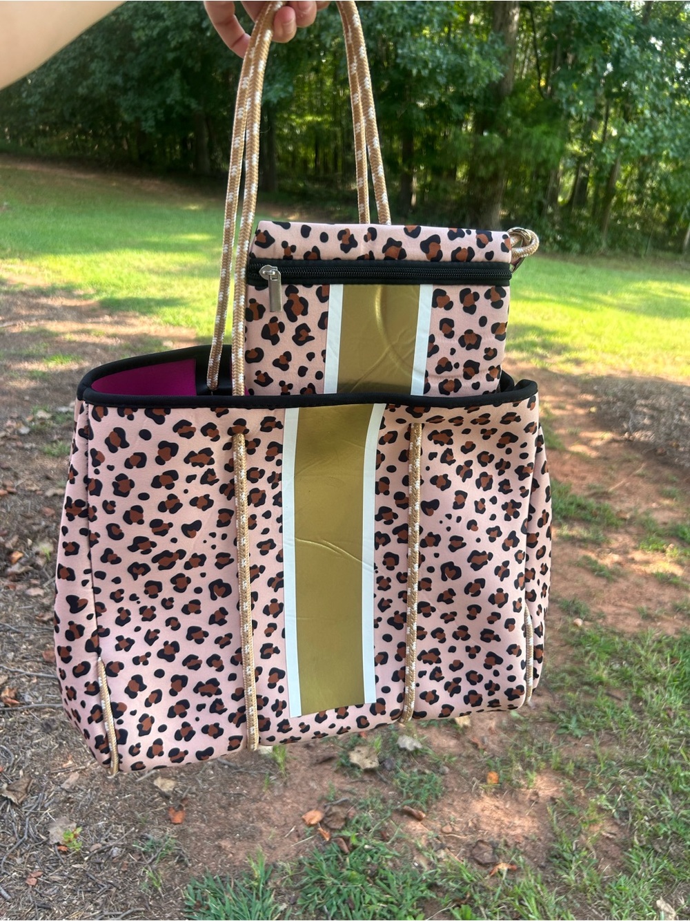 Pink Leopard Neoprene Tote Bag Gold Stripe Matching Pouch Large Beach Travel